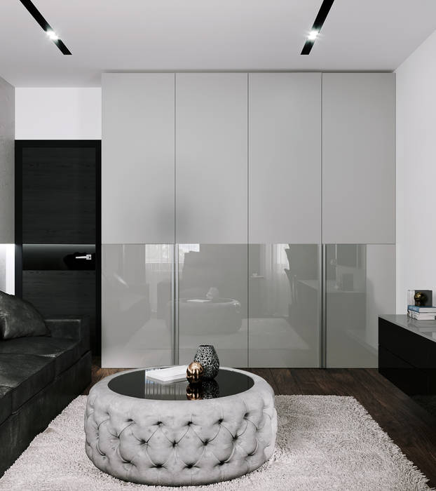 Black and White modern appartment, ANDO ANDO Ruang Keluarga Modern