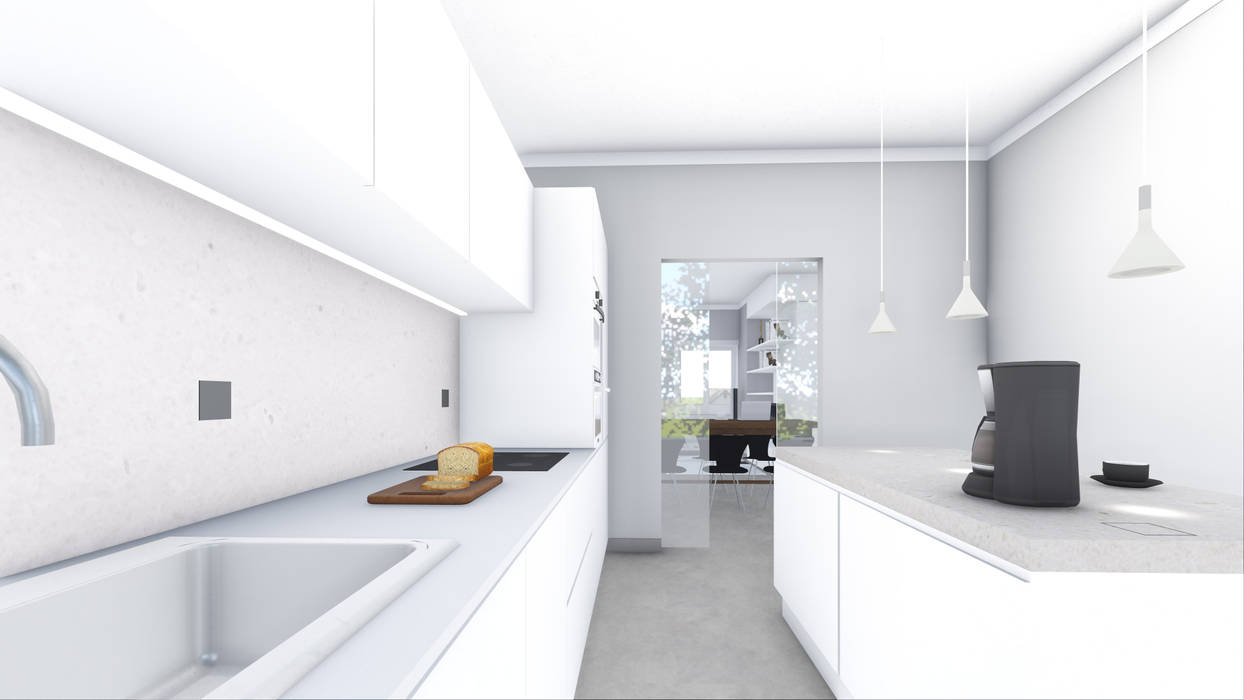 Render degli interni - la cucina Studio Dalla Vecchia Architetti Cucina attrezzata cucina, finiture, isola, materiali, scelta materiali