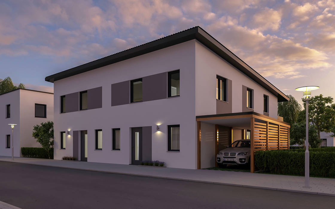 3D Architekturvisualisierung Doppelhaus Straßenseite GRIFFEL 3D DESIGN Fertighaus 3D Architekturvisualisierung Visualisierung Doppelhaus