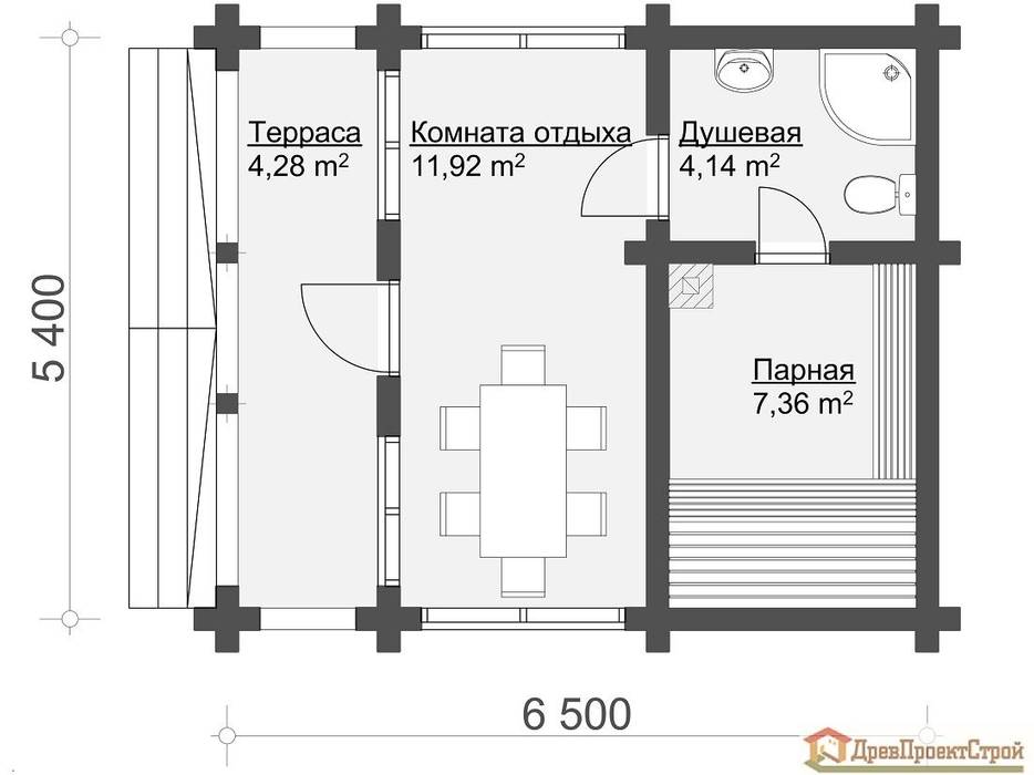 Проект бани № 154. Баня из бруса массива естественной влажности 140 х 140, 27,70м², 6500 х 5400. ПСК Древпроектстрой Маленькие дома Дерево Эффект древесины древпроектстрой, Drevproektstroi, проект, проектирование, архитектура, строительство, строительная компания, визуализация, дома, работа, парная, парилка, кело, карельская сосна, ландшафт, кровля,