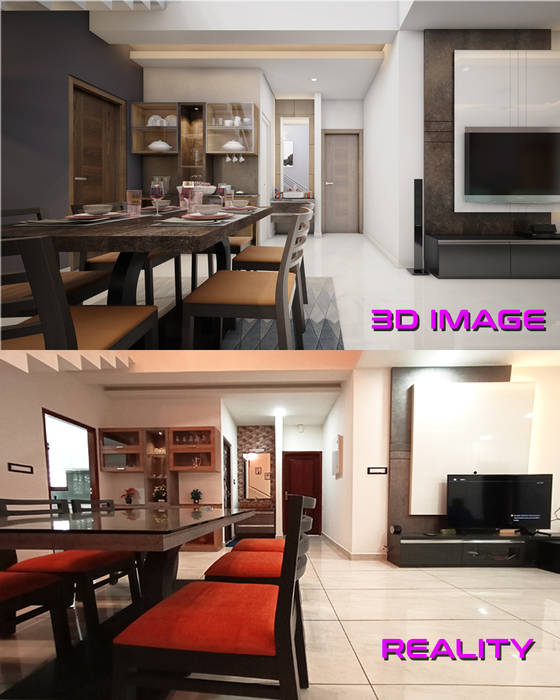 Dining view design-3D vs Reality Monnaie Interiors Pvt Ltd Modern dining room Wood Wood effect