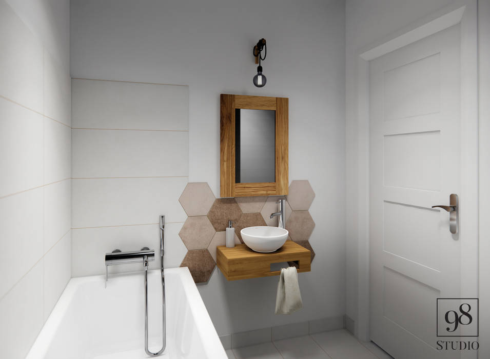 Łazienka z płytkami heksagonalnymi STUDIO 98 Marta Bredow Rustykalna łazienka łazienka, mała łazienka, płytki heksagonalne, białe płytki, lustro drewniane, umywalka, szafka