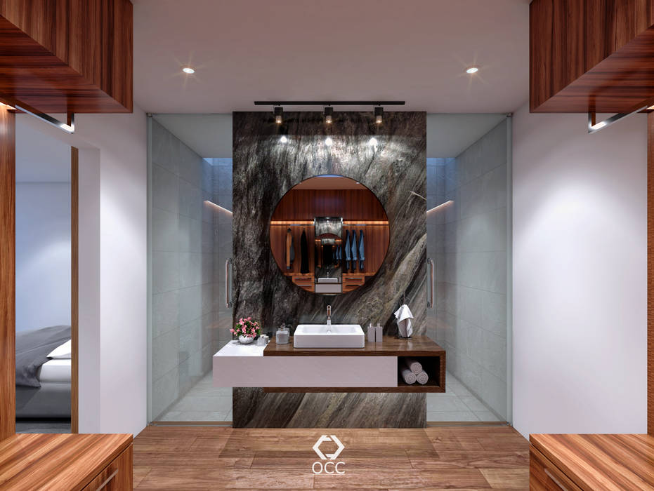 Casa GA: Baño Recámara Principal GRUPO OCC Baños modernos casa moderna espacios minimalista materiales madera piedra baño