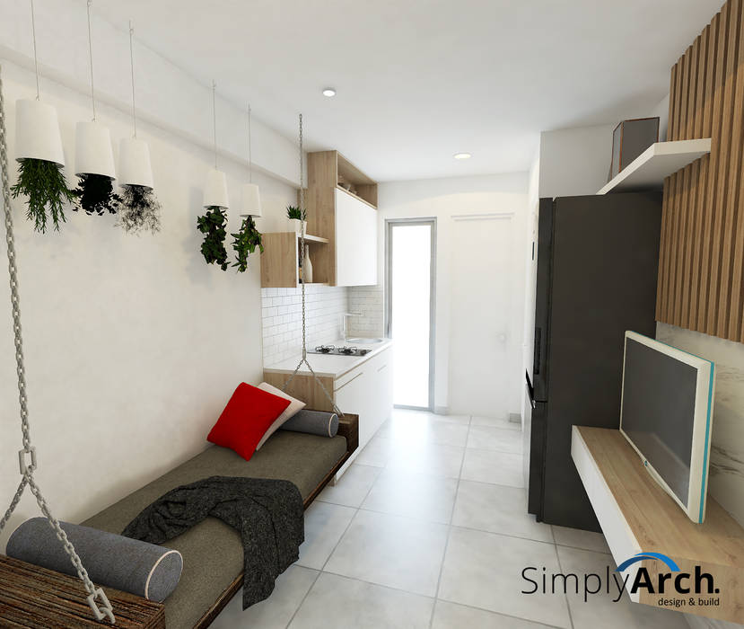 Ruang Keluarga & Dapur Simply Arch. Ruang Keluarga Modern kabinet tv, ruang keluarga, living room