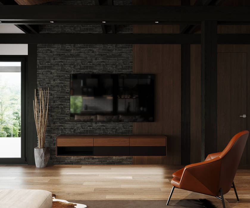 Hunter house | 88 кв. м | Проект загородного дома в современном стиле MIYAO Гостиная в стиле минимализм Дерево Эффект древесины дом дизайн дома