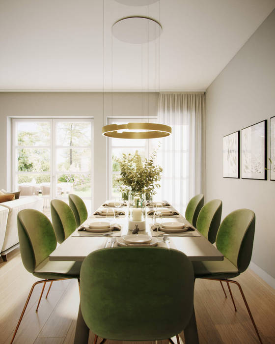 Blick auf den Esstisch build Architektur-Visualisierung UG Classic style dining room Containerhaus,Containerhaus, Esstisch, Grün, Gold, Hängeleuchte,