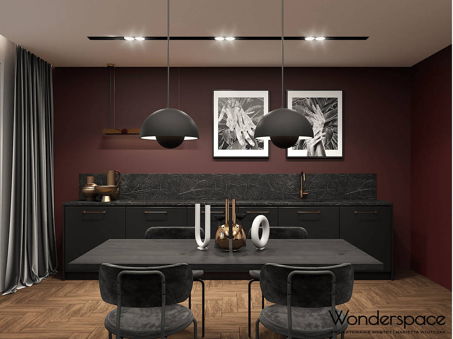 Burgundowy apartament - strefa dzienna Wonderspace Aneks kuchenny burgund, czerń, ciemne wnętrze, toaleta, wnętrze, nowoczesne, apartament, kolory, salon, jadalnia