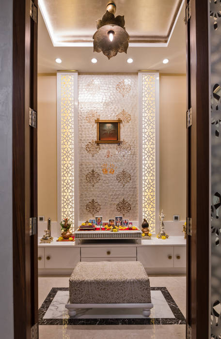 POOJA ROOM Mansi desai Modern corridor, hallway & stairs Marble Light,Wood,Lighting,Door,Interior design,Rectangle,Fixture,Line,Art,Flooring