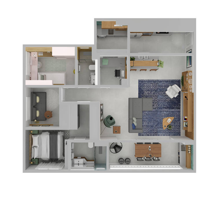 Plano 3D ArquitetureSe - Projetos de Arquitetura e Interiores à distância Salones de estilo industrial Hormigón salón, terraza, cocina abierta, cocina integrada, salón comedor