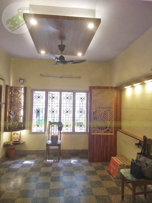 Dinning room - Partition, ceiling, corner pooja. 360 Degree Interior Modern dining room Plywood