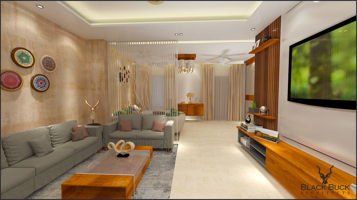 Residence Interior Design Blackbuck Architects Modern living room Living Area , Residence , Interior , Minimal Design , False Ceiling