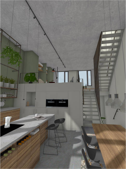 Woonkeuken richting lounge Bergblick interieurarchitectuur Industriële keukens luxe woonkeuken, lounge, splitlevel, loft, loftdesign, groene wand, betonlook gietvloer