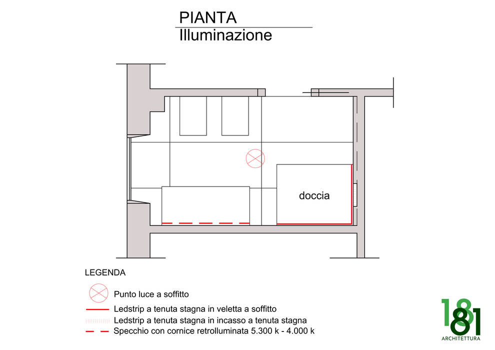 Progettazione online di un bagno contemporaneo: pianta illuminazione bagno Arch. Sara Pizzo – Studio 1881 bagno, progettazione online, architettura online, progettazione bagno moderno, effetto metallo oxide, rivestimento oxide, corten, carbon, iperceramica, lavabo sospeso