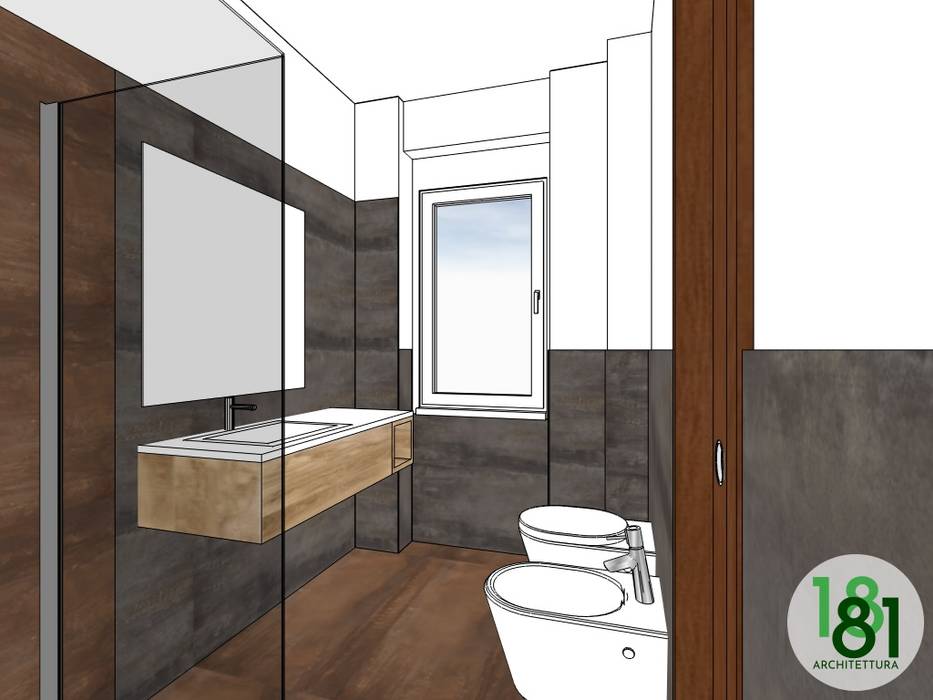 Progettazione online di un bagno contemporaneo: modello 3D del bagno con rivestimenti a colori alternati Arch. Sara Pizzo – Studio 1881 bagno, progettazione online, architettura online, progettazione bagno moderno, effetto metallo oxide, rivestimento oxide, corten, carbon, iperceramica, lavabo sospeso