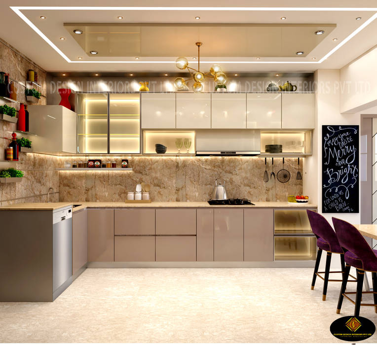 Mr. Sunny Roy's Luxury Modern Kitchen | Kolkata West Bengal | CDI CUSTOM DESIGN INTERIORS PVT. LTD. Modern kitchen Tiles Amber/Gold Cabinetry,Countertop,Furniture,Property,Building,Chair,Kitchen,Table,Wood,Interior design