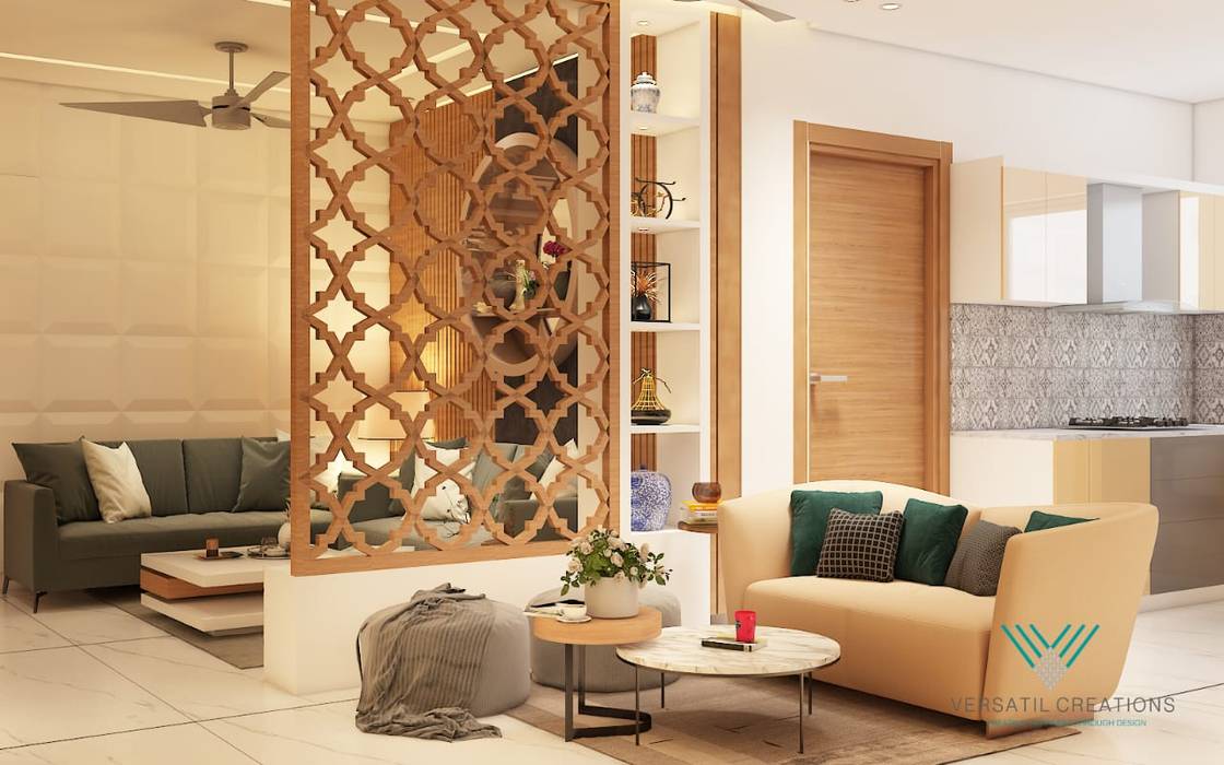 Luxury Living Cum Dinning Area Versatil Creations Modern living room Solid Wood Multicolored