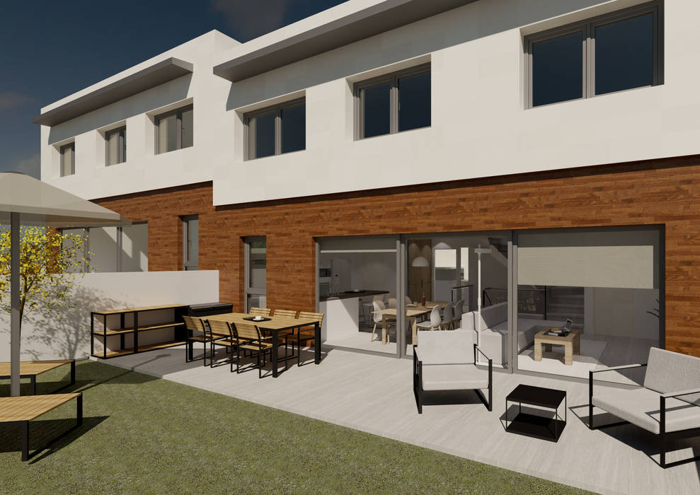 Infografia 3D - Projecte construcció 6 vivendes unifamiliars, CK_Arquitectes CK_Arquitectes Modern style balcony, porch & terrace Wood Wood effect