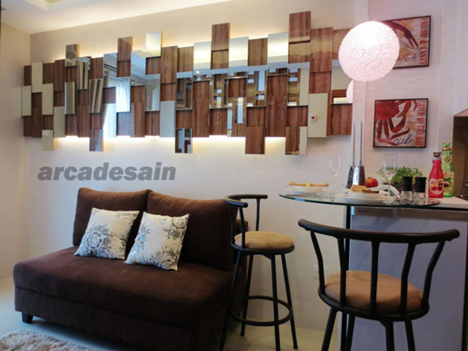 Desain Interior Apartemen Woodland Park Kalibata tipe 1 bedroom 40 m2, Arcadesain Arcadesain Ruang Keluarga Minimalis Kayu Lapis