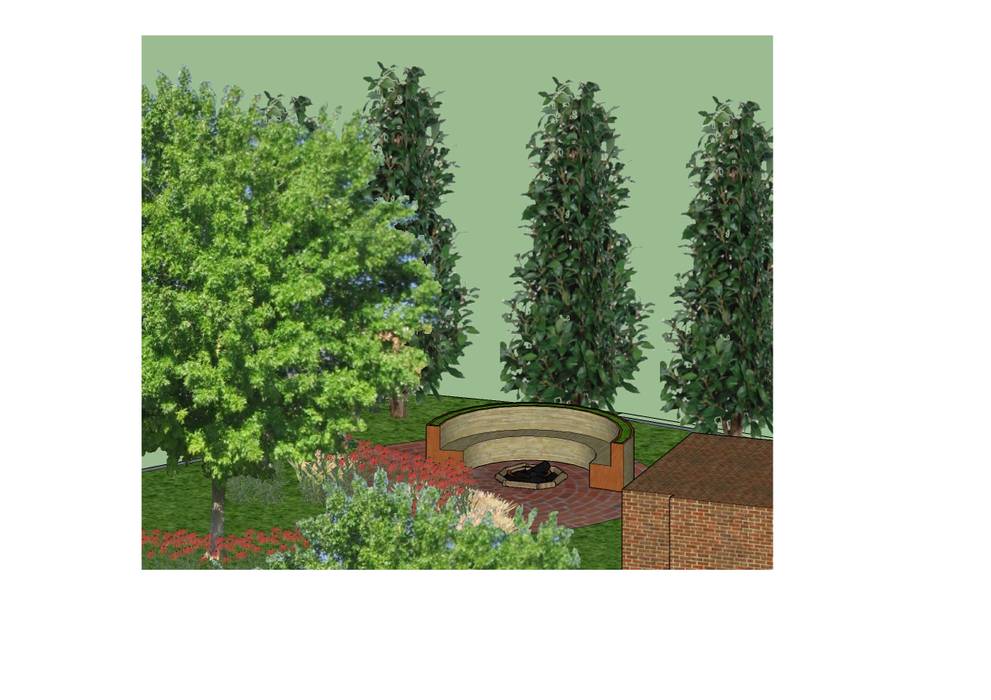 3D software elevation showing the shady cozy round seating area with firepit The Rooted Concept Garden Designs by Deborah Biasoli 컨트리스타일 정원