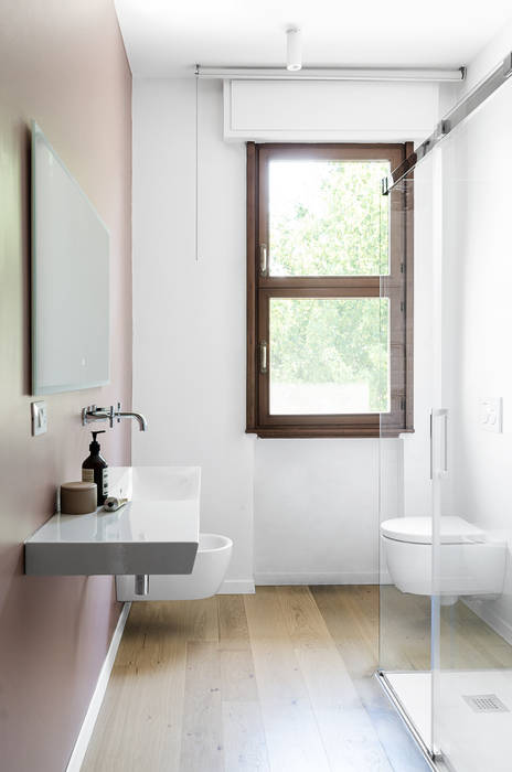 Appartamento T - bagno padronale locatelli pepato Bagno moderno Legno Effetto legno appartamento loft open space minimal moderno legno bagno matrimoniale padronale doppio rosa rubinetto 3 vie doccia piatto bianco filo pavimento box lavandino lavabo