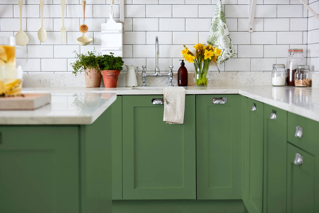 Devon Green Kitchen for Sanderson Paint Alice Margiotta Kitchen Country Kitchen, Green, Metro Tiles, Open Shelves, Marble Worktop