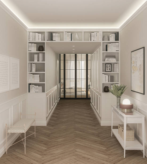 Appartamento in Milano, Ticinese - 180mq Bongio Valentina Ingresso, Corridoio & Scale in stile coloniale appartamento, boiserie, consolle ingresso, illuminazione soffitto, ingresso, libreria su misura, panca ingresso, pareti color tortora, parquet a spina, pavimento in legno, porta vetrata in ferro nero, render, ristrutturazione