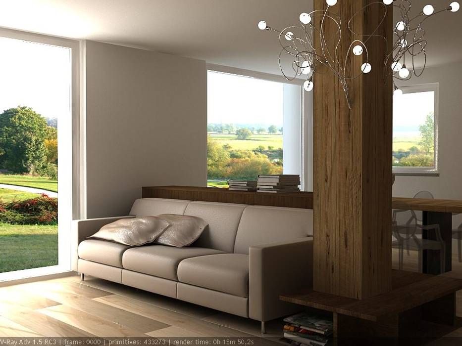 Render ambiente living e sala da pranzo, CLARE studio di architettura CLARE studio di architettura Вітальня