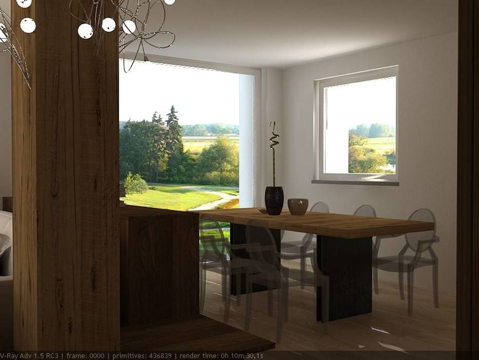 Render ambiente living e sala da pranzo, CLARE studio di architettura CLARE studio di architettura Вітальня