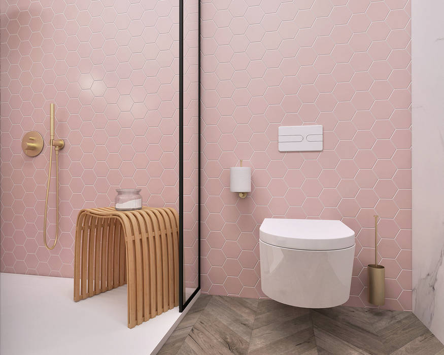 Projecto 3D de casa de banho em tons de rosa e apontamentos de ouro, Smile Bath S.A. Smile Bath S.A. Casas de banho minimalistas banco em bambu, móvel suspenso, lavatório de pousar, brushed gold, azulejos, cerâmicos