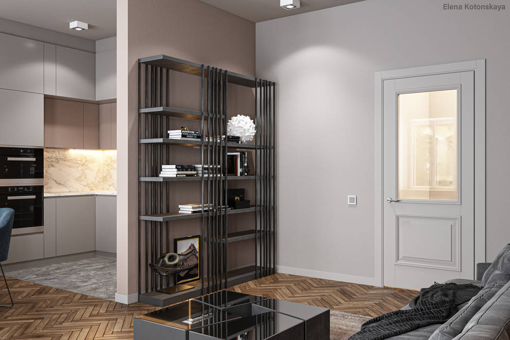 Wohnzimmer mit offener Küche in einer Altbauwohnung, GRIFFEL 3D DESIGN GRIFFEL 3D DESIGN Moderne Wohnzimmer