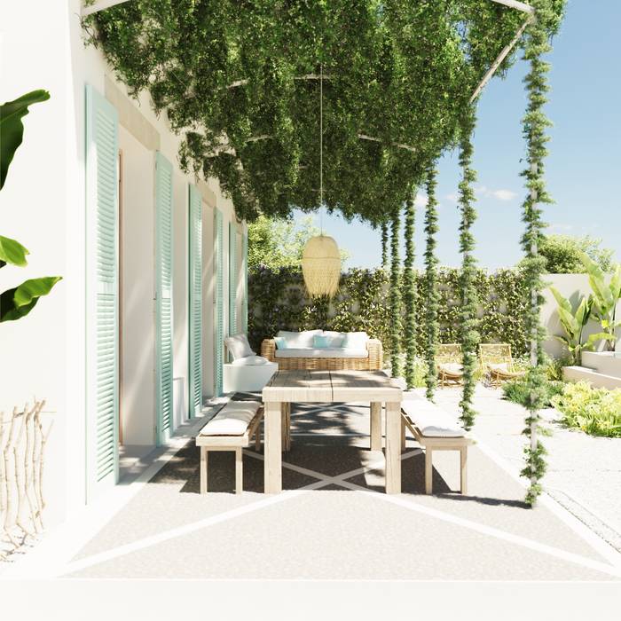 Interiorismo <Slow Living> en Mallorca | look selvático en el porche natural y jardín exterior ponyANDcucoBYgigi Balcones y terrazas de estilo mediterráneo reforma, arquitectura, reforma en Mallorca, proyecto, proyecto en Mallorca, profesionales, profesional, profesional en Mallorca, decoración, profesional de decoración en Mallorca, reforma VIP, lujo, reforma de lujo, detalle, reformar vivienda, piso, villa, chalet, minimal, diseño, diseñador, diseñadores, decorador, decoradores, decorador en Mallorca, Baleraes, decorador en Baleares, Islas Baleraes, apartamento, duplex, duplex Mallorca reforma, VIP, presupuesto decoración Mallorca, materiales nobles, mármol, revista, decor, diáfano, promoción, promoción de viviendas, constructora, empresas constructoras, colaboración, proyecto de interiorismo