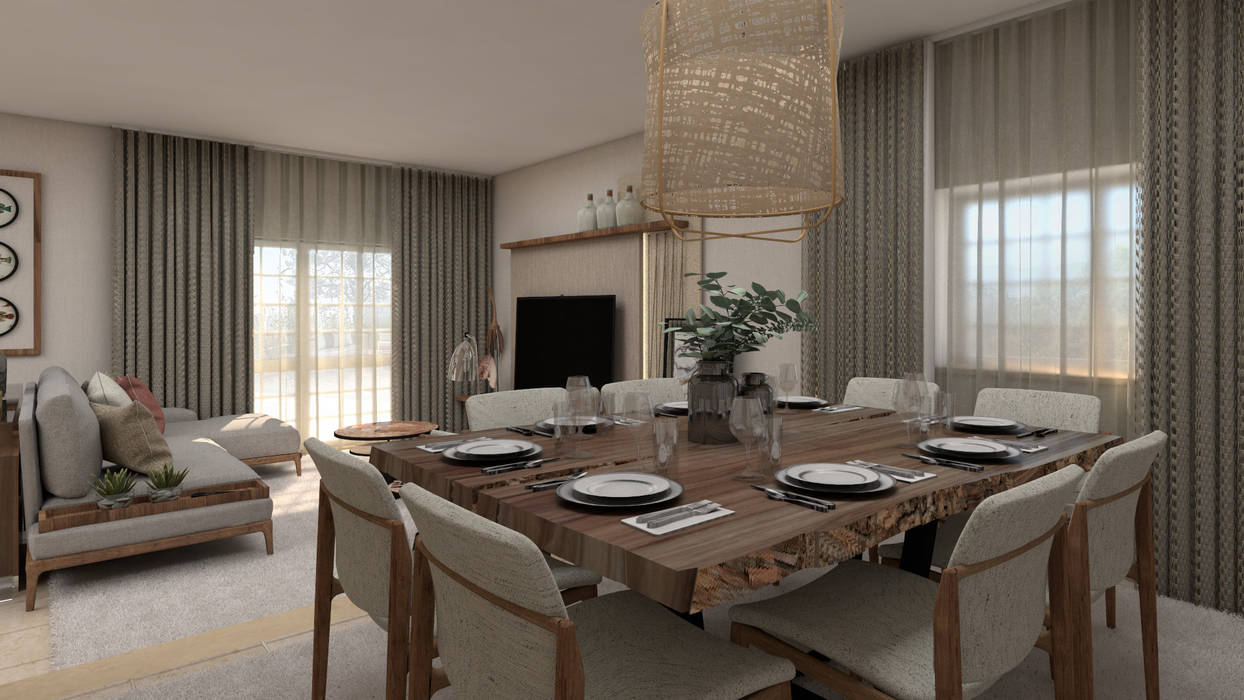 Projeto Tróia, 4Ponto7 4Ponto7 Rustic style dining room Wood Wood effect Tables