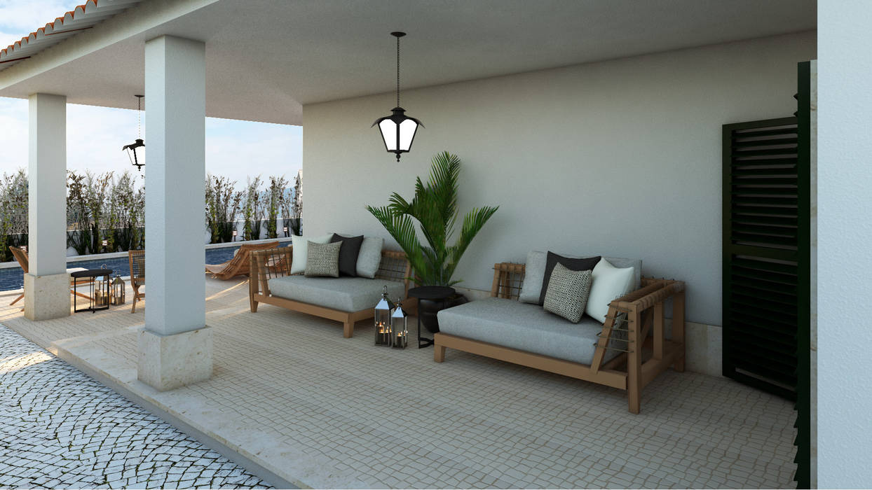 Projeto Tróia, 4Ponto7 4Ponto7 Rustic style balcony, veranda & terrace Wood Wood effect Furniture