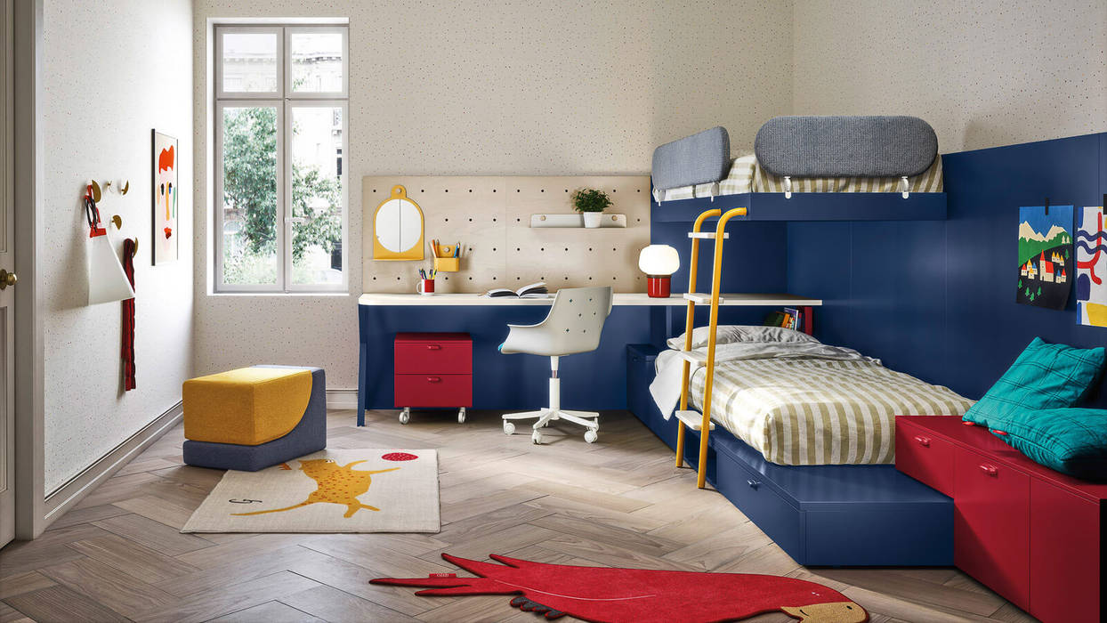 Cameretta bambini con letto a soppalco TopArredi Camera da letto moderna Legno composito Trasparente cameretta bambini blu, cameretta bambini con letto a soppalco