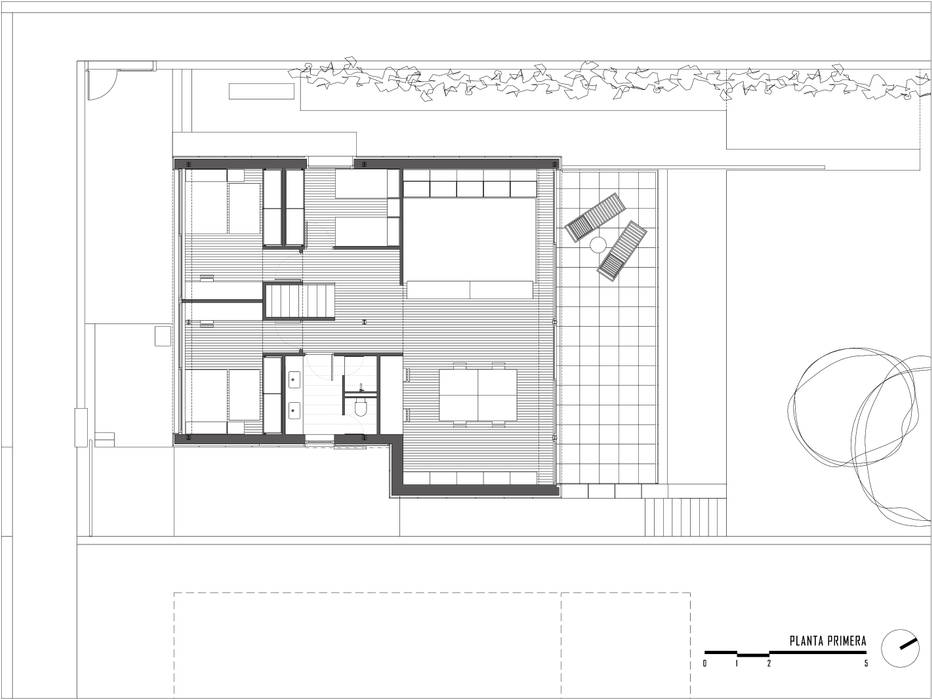 Plano Planta primera Soler Valiente Arquitectes Casas de estilo moderno vivienda unifamiliar, aislada,antes y después, madera, moderna, piedra natural, Santa Coloma de Farners, Girona