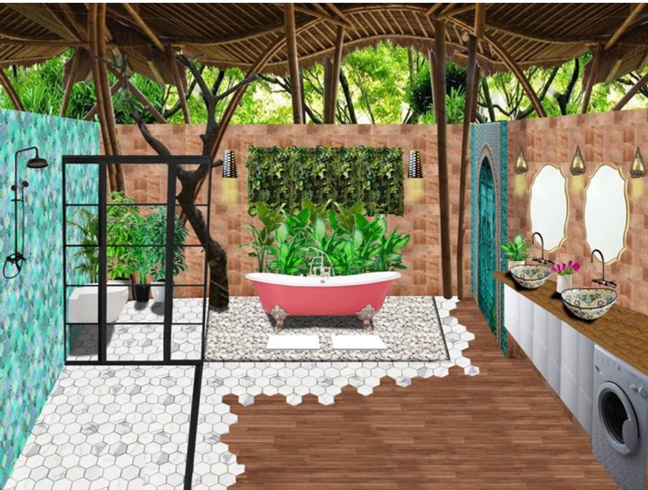 Baño con inodoro seco para hacer compost ON Construcción Ecológica Baños tropicales Bambú Verde Baño seco