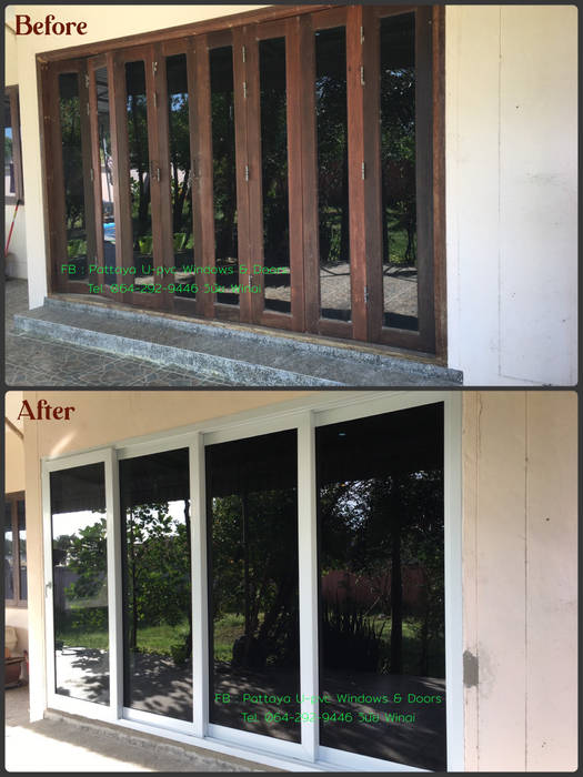 เปลี่ยนประตูไม้เก่า เป็นประตู Upvc คุณภาพสูง Dismantling old wooden doors to Upvc doors กระจกสีชาดำ Dark Grey Tinted Glass โรงงาน พัทยา กระจก ยูพีวีซี Pattaya UPVC Windows & Doors