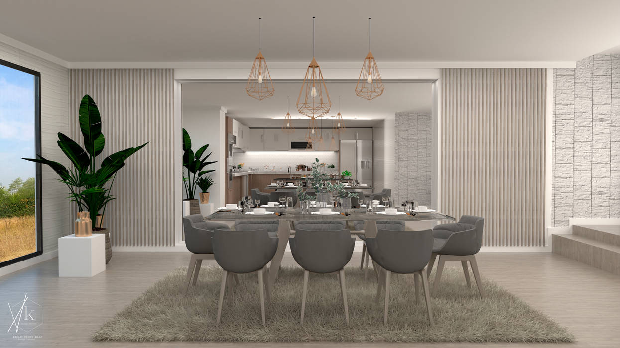 Zona de Comedor - Espacio hogar Familiar Interior Design - Pérez Blas Kelly Comedores modernos Derivados de madera Transparente