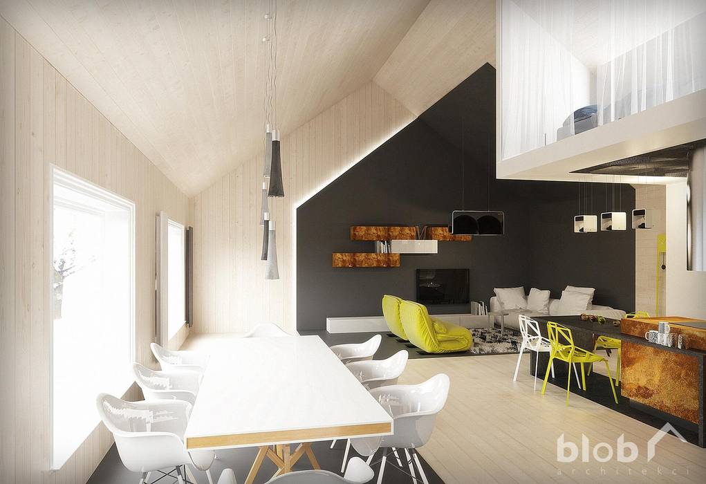 WNĘTRZE STREFY DZIENNEJ W DOMU-II MIEJSCE W KONKURSIE F&DQ BEST INTERIOR CONTEST BLOB architekci Minimalistyczna jadalnia Drewno O efekcie drewna projekt salonu, jadalni i kuchni w styli minimalistycznym, nowoczesnym