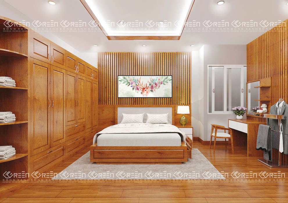 Không gian nội thất phòng ngủ Công ty TNHH Thiết Kế Xây Dựng Xanh Hoàng Long Phòng ngủ phong cách châu Á Gỗ Wood effect Beds & headboards