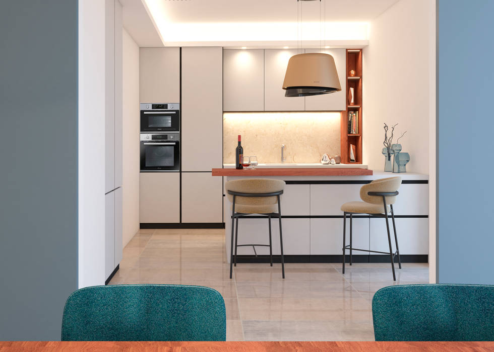 Una vista della cucina dalla zona pranzo. arch. Lorenzo Criscitiello Cucina attrezzata Mobilia,Arredamento,Controsoffitto,Proprietà,Costruzione,Blu,Lavello,Rubinetto,Cucina,Legna