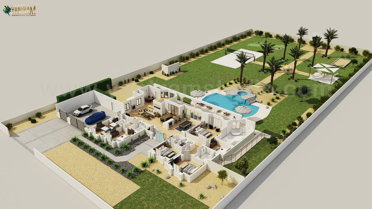 Luxurious 3D Virtual Floor Plan Design with landscape pool view by 3d home floor plan design, Denton - Texas Yantram Architectural Design Studio Corporation Country house