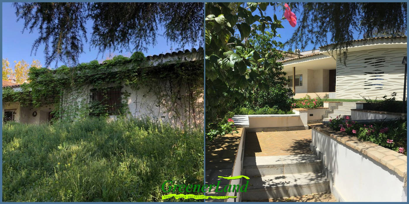 Jardin Unifamiliar con desniveles., GreenerLand. Arquitectura Paisajista y Tematización GreenerLand. Arquitectura Paisajista y Tematización Halaman depan