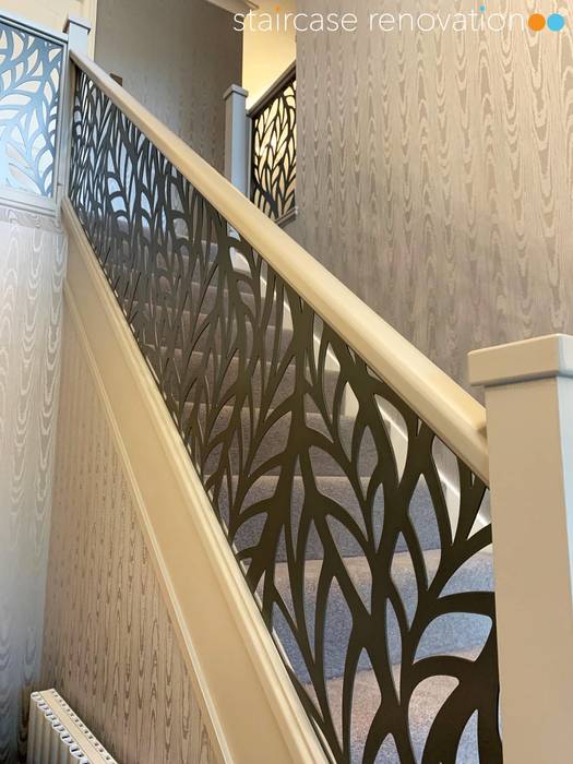 Renovated staircase with laser cut infill - Frond design Staircase Renovation Stairs Metal Balustrade, balustrade infill, bespoke staircase, contemporary staircase, new staircase, handrail, laser cut, laser cut balustrade, laser cut stairs, laser cut panels, metal balustrade, screens, fret cut panels. Staircase, staircase ideas, stairs