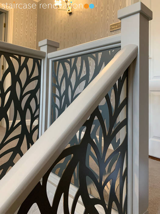 Renovated staircase with laser cut infill - Frond design Staircase Renovation Stairs Metal Balustrade, balustrade infill, bespoke staircase, contemporary staircase, new staircase, handrail, laser cut, laser cut balustrade, laser cut stairs, laser cut panels, metal balustrade, screens, fret cut panels. Staircase, staircase ideas, stairs