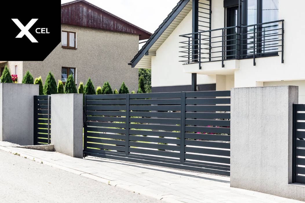 Ogrodzenie aluminiowe z nowoczesną bramą przesuwną XCEL Fence Nowoczesny ogród ogrodzenie, płot, ogrodzenie aluminiowe, nowoczesne ogrodzenie, ogrodzenie aluminiowe, ogrodzenie poziome, ogrodzenie grafitowe, brama wjazdowa, brama przesuwna, brama z automatyką