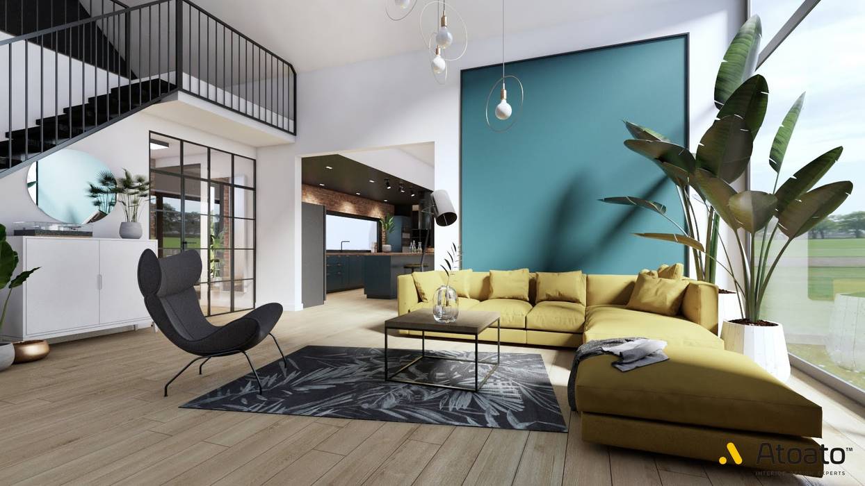 Salon z sofą w musztardowym kolorze atoato Eklektyczny salon