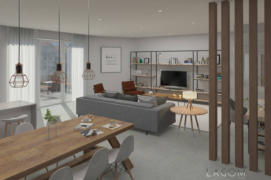 Lagom studio Soggiorno in stile scandinavo Legno massello Grigio