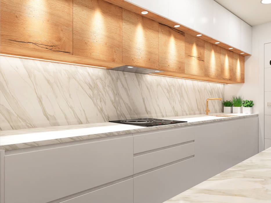 Cocina en color blanco combinado con madera., ZERMATT DECORACION S.L ZERMATT DECORACION S.L Кухня ДСП Зберігання