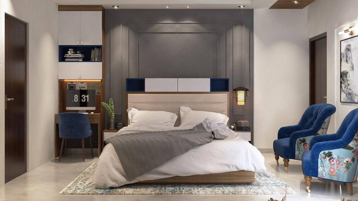 Master bedroom designed with elegant beige and blue theme with hints of blue homify Modern style bedroom master bedroom, elegant master bedroom design, home interior designer in noida, interior designer in Noida, designer in noida , interior designer in delhi